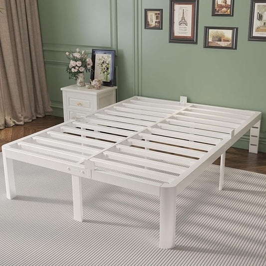 16 Inch Bed Frame Queen Size with Metal Gaskets, White Queen Bed Frame No Box Spring Needed, Heavy Duty Steel Platform Support, Round Corner Design, Storage Space, Noiseless, Reserved Holes