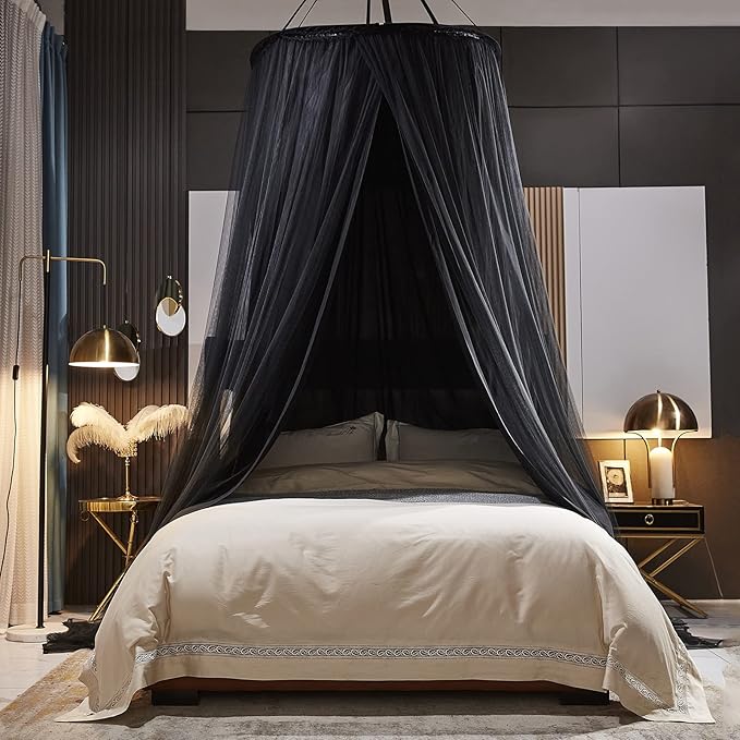 Kertnic Luxurious Bed Canopy for Girls & Adults - Double Layer Princess Canopy with Lace, Round Dome Mosquito Netting for Queen/King Bed Tent (Black)
