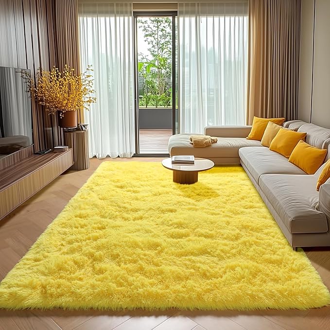 ONASAR Yellow Rugs for Living Room Bedroom, 5x8 Washable Fluffy Bedside Area Rug, Soft Plush Shaggy Indoor Floor Carpet for Nursery Kids Girls Boys Teen Dorm Home Office Decor Aesthetic