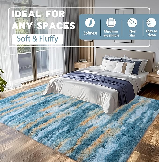 8x10 Rugs for Living Room, Soft Fluffy Blue Fuzzy Shag Large Area Rugs for Bedroom Boys Girls Kids Room Nursery Dorm Home Decor, Non-Slip Plush Shaggy Indoor Carpet