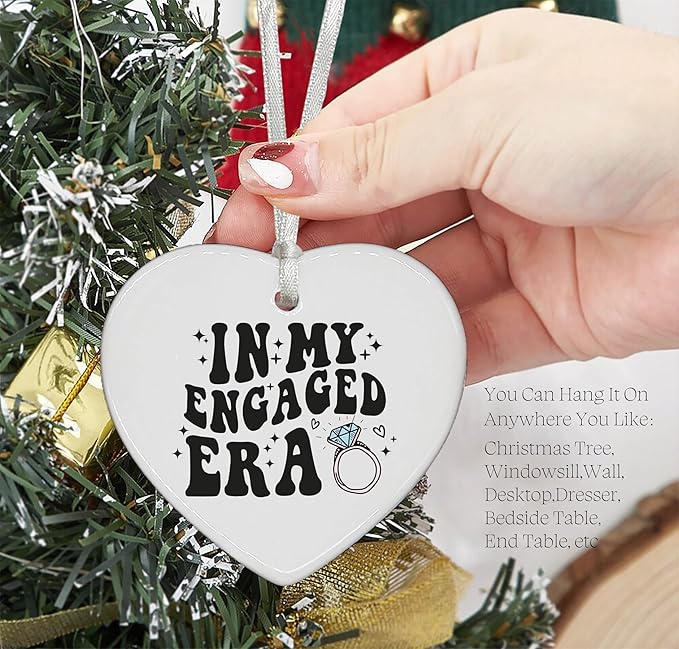 Heart Shaped Christmas Ornament-Engagement Gift for Bride to Be-Bridal Shower or Bachelorette Present for Future Mrs Fiance-Newly Engaged Keepsake-Ceramic Ornament Home Decor in My Engaged Era