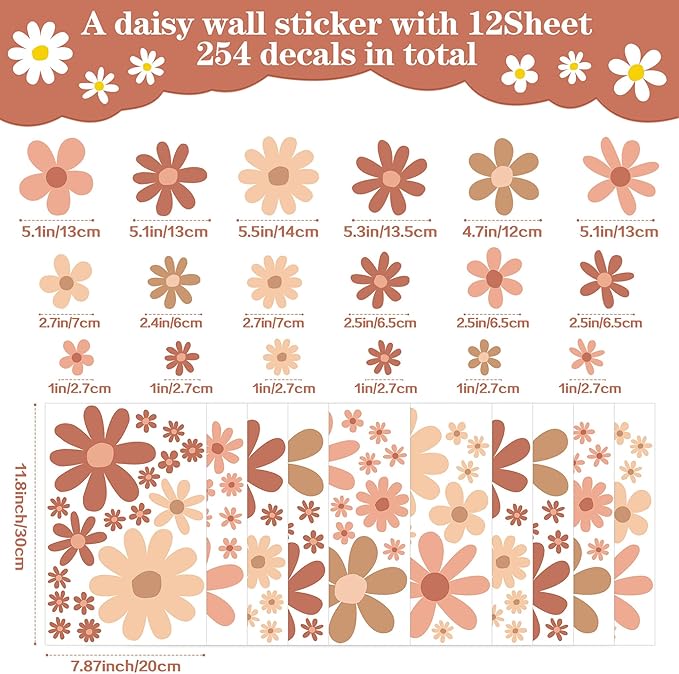 12 Sheets Daisy Wall Decals Boho Flower Wall Stickers Cute Kids Girls Room Decor Peel and Stick Floral Decals Toddler Nursery Playroom Living Room Bedroom Classroom Retro Hippie Decor Boho Style