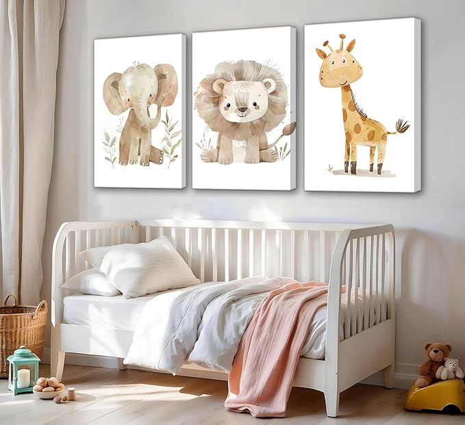 UNDDISINS 3 Pcs Animal Nursery Canvas Wall Art Watercolor Baby Animals Painting Picture Wall DecorCute Elephant Giraffe Lion Nursery Paintings Artwork for Kids Room Baby Girl Room Home Decoration