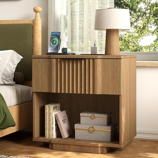 Yechen Fluted Nightstand with 20W Fast Charging Station - Modern Farmhouse Wood Night Stand with Storage Drawer & Shelf, Large Wide Bedside End Table for Bedroom with Curved Profile Base, Natural Oak