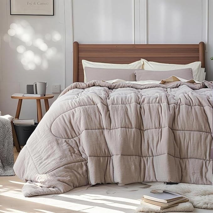 Simple&Opulence 100% Cotton Muslin Comforter Set Twin Size, 2PCS Washed Cotton Gauze Comforter, Soft Lightweight All Seasons Bedding Sets with 1 Pillow Sham(Grey-Brown,Twin)