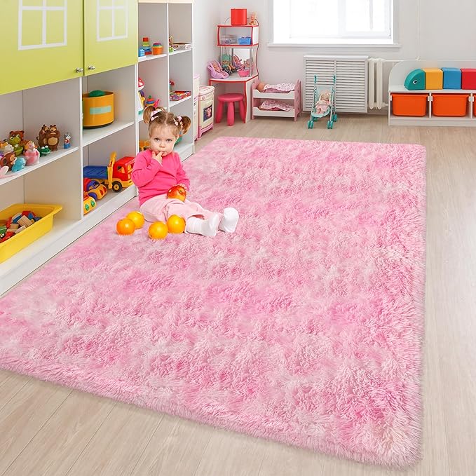 Fluffy Pink Rugs for Bedroom Girls Room, Large Plush Area Rug 6x9 Pink Shag Carpet for Bedroom Living Room, Soft Fuzzy Rug for Kids Room Bedside Nursery Playroom Dorm Home Decor