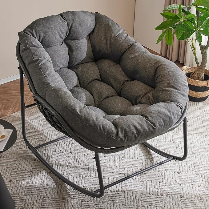 Oversized Outdoor Papasan Rocking Chair with Soft Cushion, Comfy Patio Egg Chair, Wicker Lounge Rocker for Balcony/Porch/Garden, Reinforced All Weather Rattan Frame, 330 lbs Support, Dark Grey