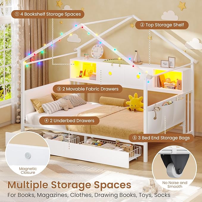 Hasuit Corner Twin House Bed Frame with Storage Drawers & Bookcase, House Shaped Metal Beds with Charging Station & LED Light, Corner Bed with Upholstered Headboard, Twin Size Bed for Kid Teens, White