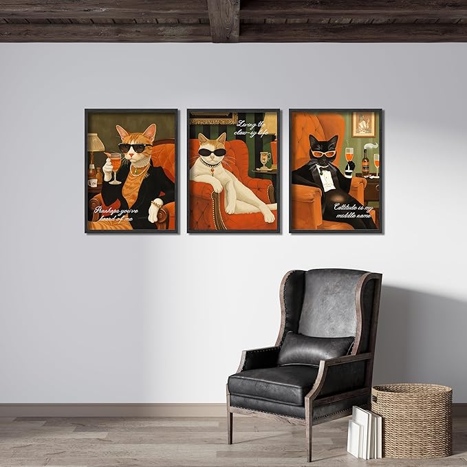 3Pcs Funny Cat Canvas Wall Art Elegant White Black Orange Cat Drinking Cocktail Painting Picture Wall Decor Luxury Feline Poster Print Bar Cart Artwork Decor for Bar Dining Room Bedroom Home Decortion