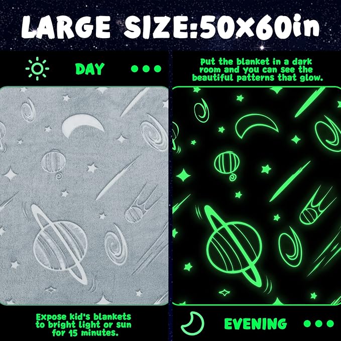 Inhand Glow in the Dark Stars Blanket for Girls Boys Cute Kids Throw Blanket Funny Space Blanket Room Decor Toys Birthday Gifts for 2 3 4 5 6 7 8 9 10 11 12 13 Years Old Girls or Boys (50''x60'' Grey)