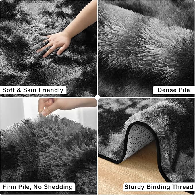 Merelax Soft Modern Indoor Large Shaggy Rug for Livingroom Bedroom Dorm Kids Room Home Decorative,Non-Slip Plush Fluffy Furry Fur Area Rugs Comfy Nursery Floor Carpet 9x11 Feet,Tie-Dyed Deep Grey