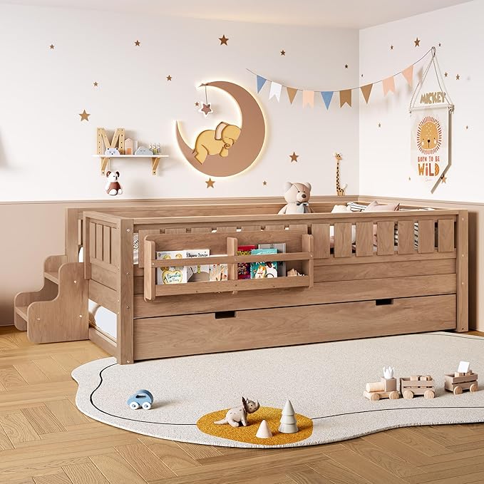 Bellemave Twin Bed with Trundle Twin and Stairs, Twin Size Platform Bed Frame with Fence and Bookshelf, Easy Assemble Beds for Kids, Girls, Boys, Natural