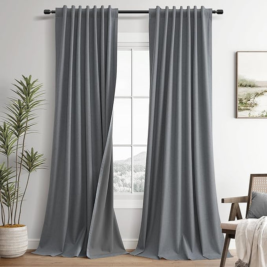 Grey Linen 100% Blackout Curtains for Bedroom 90 Inches Long 2 Panels Set Back Tab Textured Elegant Hook Belt Light Blocking Room Divider Soundproof Living Room Office Drapes 52x90