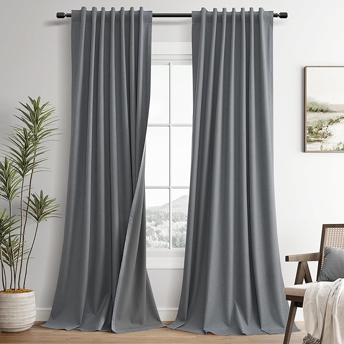 Guken Grey Linen 100% Blackout Curtains for Bedroom 84 Inches Long Textured Elegant Back Tab Hook Belt Room Darkening Thermal Insulated Soundproof Drapes Living Room Office 2 Panels Set 52x84 7Ft