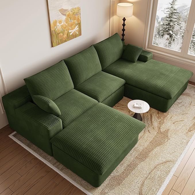 107" Cloud Modular Sectional Sofa with 1 Ottoman, Deep Seat Boneless Couch, Modern Upholstered Corduroy Couches, Comfort U Shaped Sofa for Living Room, No Assembly Required(Green,Right Facing Chaise)