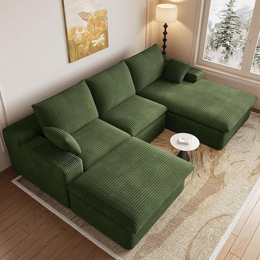 107" Cloud Modular Sectional Sofa with 1 Ottoman, Deep Seat Boneless Couch, Modern Upholstered Corduroy Couches, Comfort U Shaped Sofa for Living Room, No Assembly Required(Green,Right Facing Chaise)