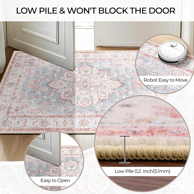 Machine Washable Rugs Nursery Rug 8x10 Cute Girl Non Slip Low Pile Water Repellent Soft Print Pattern for Bedroom Indoor Decor Kids Playroom Pinkblue