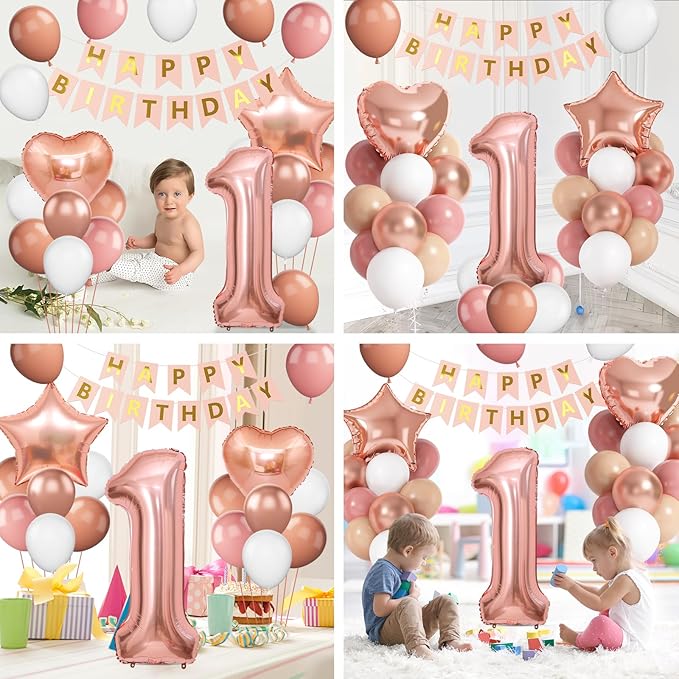 Boho 1st Birthday Decorations for Girls, Dusty Pink Rose Gold White Balloons with 40 Inch Number 1 Star Heart Foil Balloons Happy Birthday Banner for 1 Year Old Birthday Anniversary Baby Shower Decor