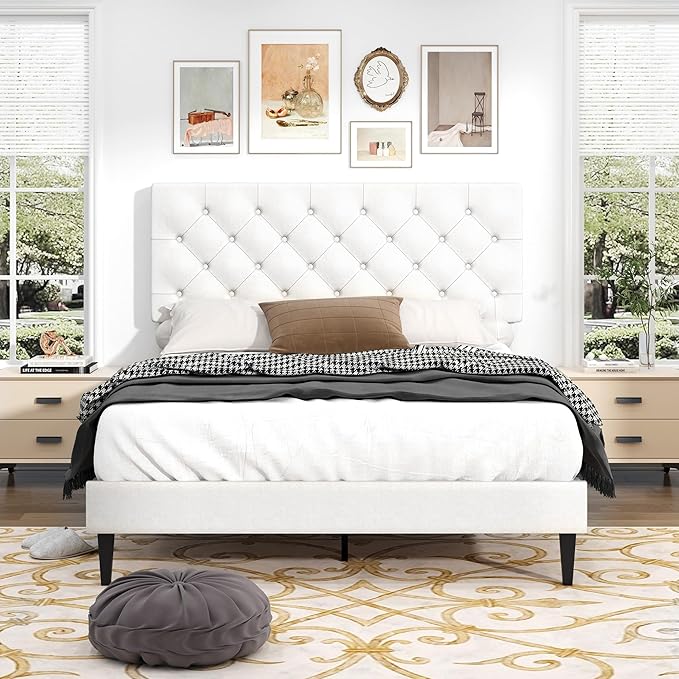 BarnFurin Full Size Bed Frame with Headboard, Upholstered Platform Bed with Adjustable Button Tufted Headboard, Fabric Bed Frame with Wooden Slats Support, No Box Spring Required, Easy Assembly, White