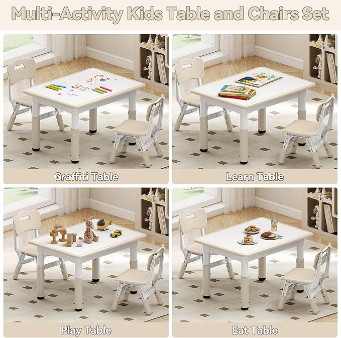 Kids Study Table and Chairs Set, Height Adjustable Toddler Table and Chair Set for Kids Ages 3-8, 31.5" L x 23.6" W Graffiti Desktop Plastic Children Art Table with 2 Seats