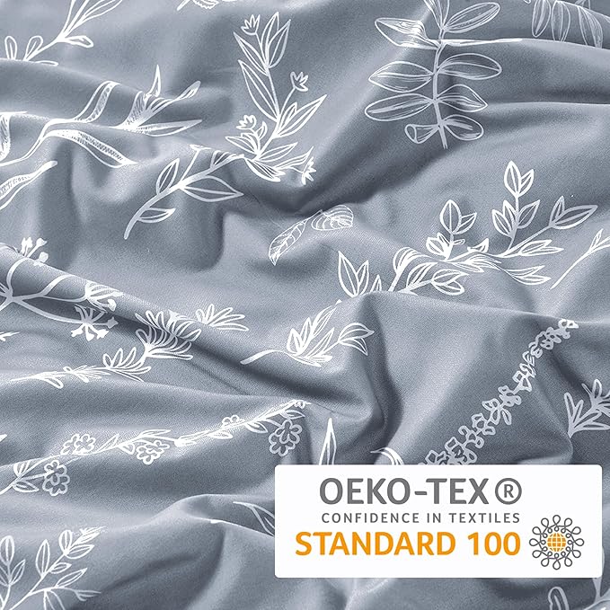 MUXHOMO Duvet Cover Full Size, Reversible Floral Grey Duvet Cover Set with Zipper Closure, 3 Pieces Botanical Patterns Soft Microfiber Bedding Set with 4 Ties (80"x90", 2 Pillow Cases)