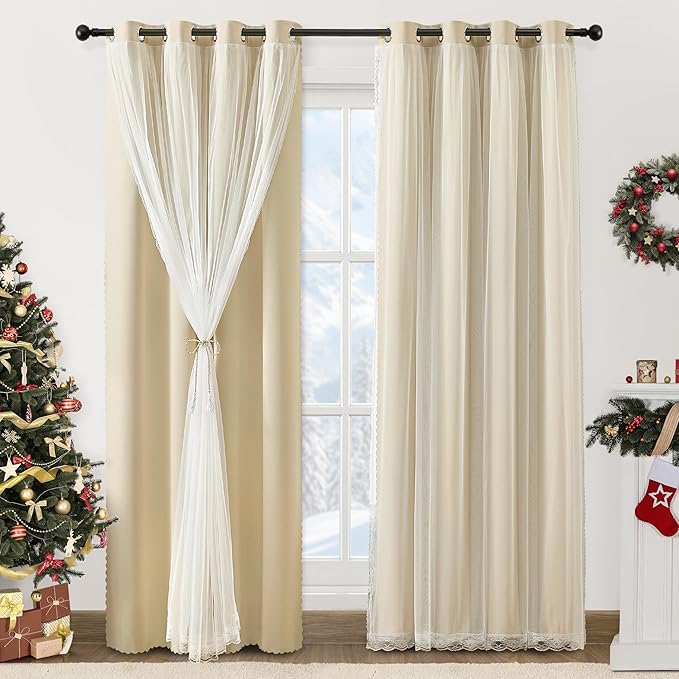 XiDi 100% Blackout Curtains with Sheer Overlay 84 Inches Long 2 Panels for Girls Bedroom Living Room Thermal Insulated Room Darkening Double Layer Beige Curtains with Lace Hem Grommet Top W34 x L84