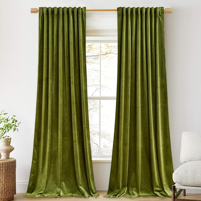 StangH Shinny Olive Green Velvet Curtain 96 inches Long - Thick Soft Drapes Thermal Insulated Luxury Curtains for Living Room/Home Office Theater, W52 x L96, 2 Panels