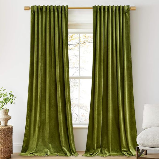 StangH Shinny Olive Green Velvet Curtain 96 inches Long - Thick Soft Drapes Thermal Insulated Luxury Curtains for Living Room/Home Office Theater, W52 x L96, 2 Panels