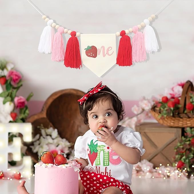 Strawberry 1st Birthday Decor - Sweet One Tassels Highchair Banner - Berry Tassels High Chair Banner For Kids Party - Baby Girl Berry Birthday Decoration - Strawberry High Chair Banner For Photo Booth Props