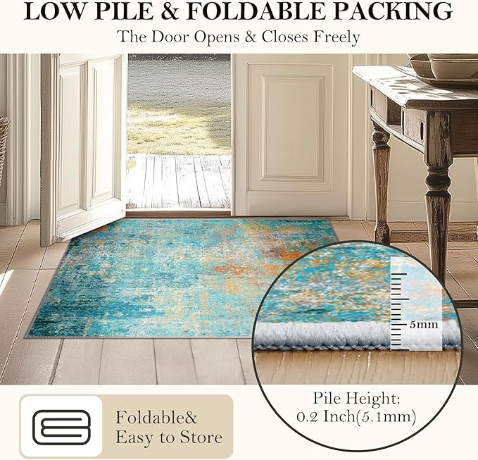 Washable Area Rugs 2'x3' Non-Slip Modern Abstract Soft for Living Room Entryway Bedroom Nursery, Print Pattern, Teal Blue Green Orange Rust Red Colorful