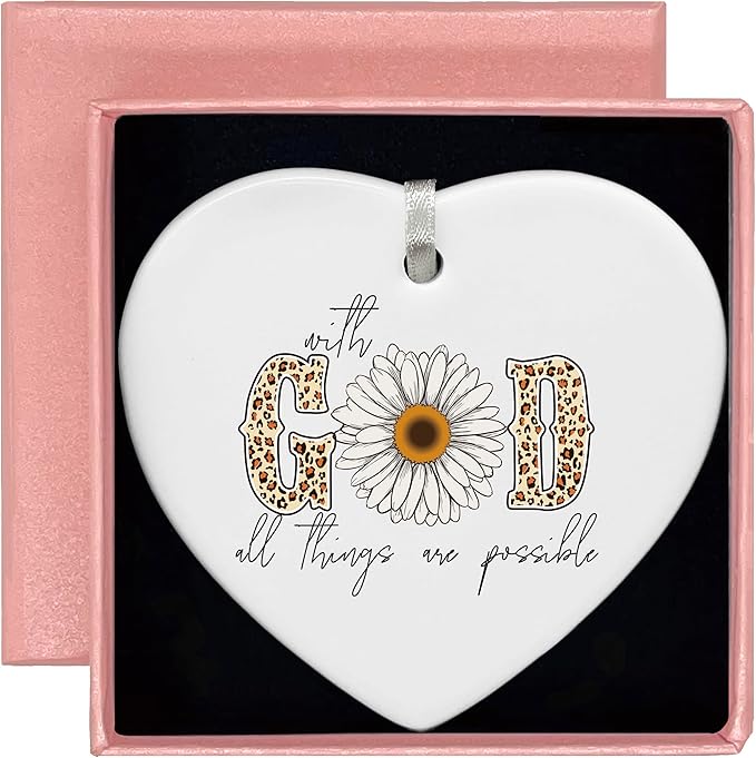 Heart Shaped Christmas Ornament-Christian Scripture Bible Verse Gift for Women Girls-Inspirational Affirmation with God All Things are Possible Faith Religious Keepsake Decor