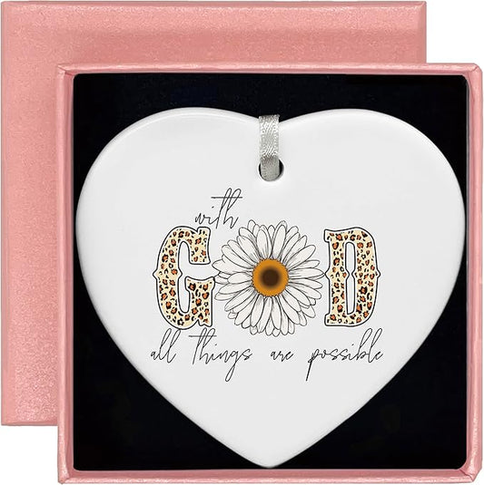 Heart Shaped Christmas Ornament-Christian Scripture Bible Verse Gift for Women Girls-Inspirational Affirmation with God All Things are Possible Faith Religious Keepsake Decor