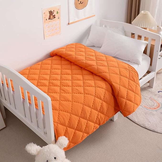 Down Alternative Oversized Toddler Comforter 43x60, Lightweight Warm Solid Color Baby Crib Quilted Blanket for Boys Girls, Orange