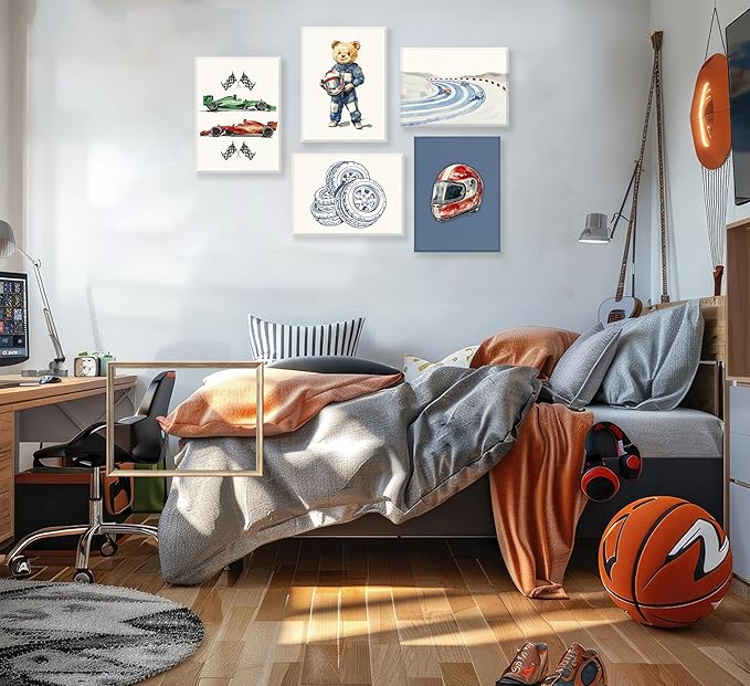 Vintage Racing Car Nursery Wall Art Teddy Bear Pictures Wall Decor Boy Navy Blue Vehicle Posters Retro Sport Painting Canvas Print Artwork for Kids Boy Room Playroom, Framed