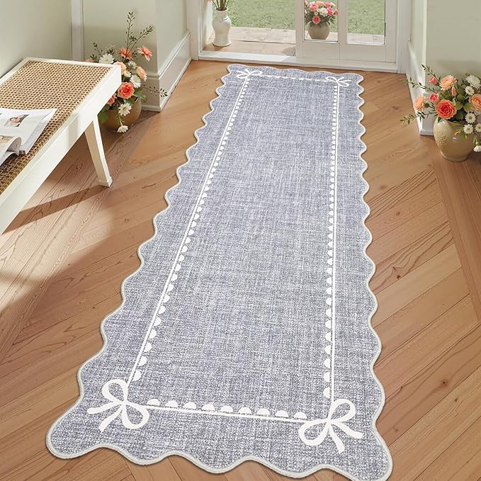 GarveeHome Scalloped Bow Rug for Living Room, Solid Grey Rug for Dorm, Washable Runner Rug 2.5x10 Soft Low Pile Non Slip Scalloped Rugs for Nursery Bedroom Decor Hallway Entryway Playroom