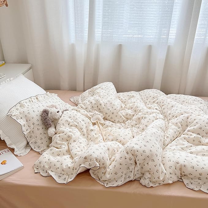 AOJIM Muslin Baby Kids Duvet Cover with Ruffled Edges for Boys Girls, 1 Piece Pure Cotton Toddler Comforter Cover 47X59'', Rose Pattern Kids Bedding 2-Layer Gauze, No Quilt or Pillowcases