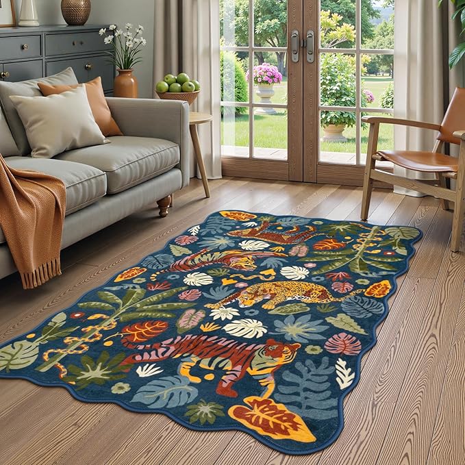 LEEVAN 3x5 Bedroom Rug Washable Tiger Kitchen Rugs Non Slip Blue Entryway Mat Scalloped Office Floor Pad Leopard Living Room Rug Low Pile Playroom Carpet Jungle Kids Mat