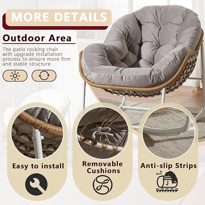 Oversized Outdoor Papasan Rocking Chair Set of 2 with Soft Cushion, Comfy Patio Egg Chair, Wicker Lounge Rocker for Balcony/Porch/Garden, Reinforced All Weather Rattan Frame, Light Grey
