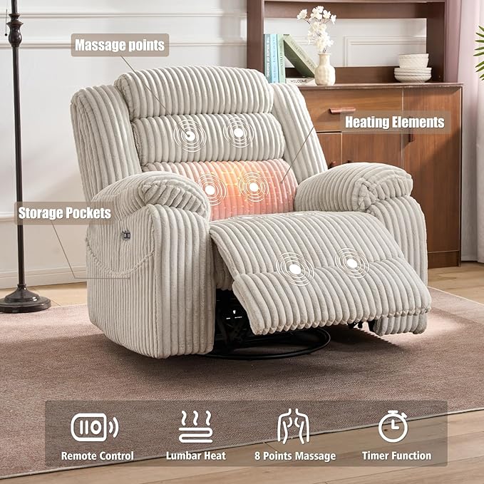 Power Swivel Rocker Recliner Chair for Adults with Massage and Heat, USB and Type-C Charging Port, Infinite Position, Electric Glider Rocking Chairs for Living Room, Nursery, Pale Grey