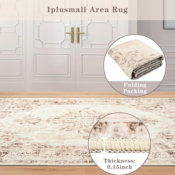 Area Rug 8x10, Washable Rug for Living Room, Large Area Rugs for Bedroom, Vintage Rug 8x10 for Dining Room, Non Slip Soft Low Pile Indoor Carpet for Kitchen, Nursery, Office, Farmhouse, Beige