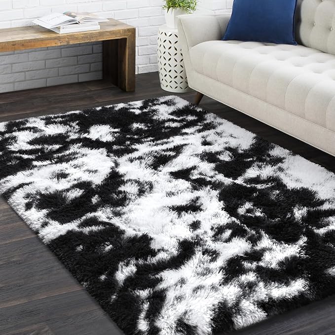 EVOIONOS Area Rug for Bedroom Living Room, Machine Washable 3x5 Fluffy Shag Rug, Soft Plush Non Slip Carpet for Indoor Floor Bedside Nursery Kids Room, Home Decor Aesthetic, Tie-Dyed Black and White