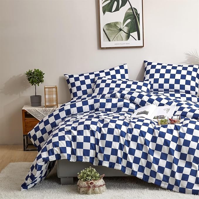 Houseri Royal Blue White Plaid Duvet Cover Twin Size Boys Girls Bright Blue Grid Bedding Duvet Covers Kids Deep Ocean Blue Checkerboard Bedding Sets Twin Dark Blue Checkered Gingham Duvet Cover Twin