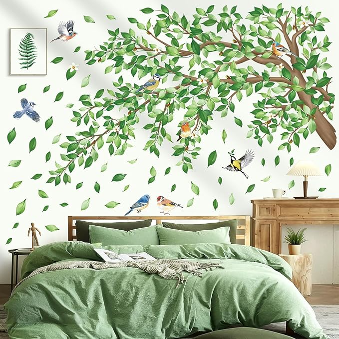 decalmile Large Green Tree Branch Wall Decals Green Leaves Floral Wall Stickers Bedroom Living Room Sofa TV Background Home Decor
