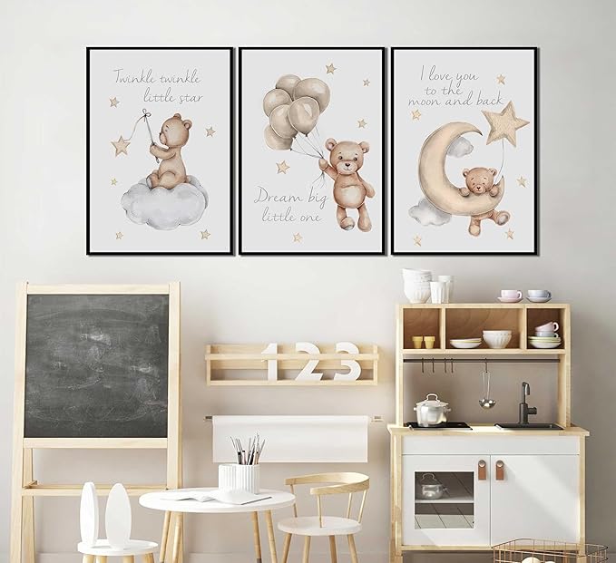 3Pcs Nursery Teddy Bear Wall Art Cute Little Bears Wall Decor Slepping Teddy Bears Posters Prints Moon Star Cloud Neutral Nursery Canvas Pictures for Kid's Room or Bedroom Painting Unframed