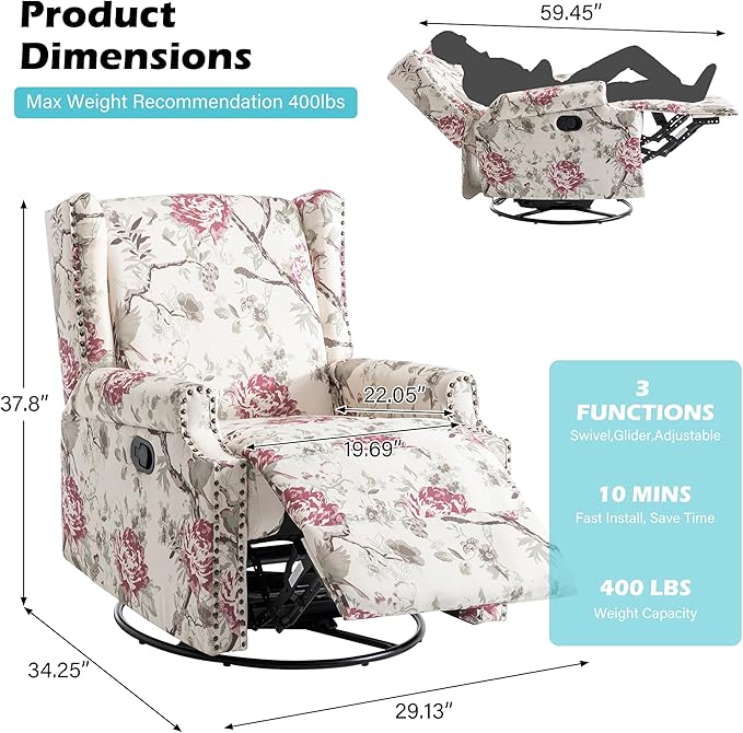 UIXE Floral Swivel Glider Recliner Chairs Set of 2, High Back Nursery Rocker Fabric Accent Chair for Living Room, Rivet Trim Upholstered Armchair Manual Reclining Sofa Seating - Beige Floral