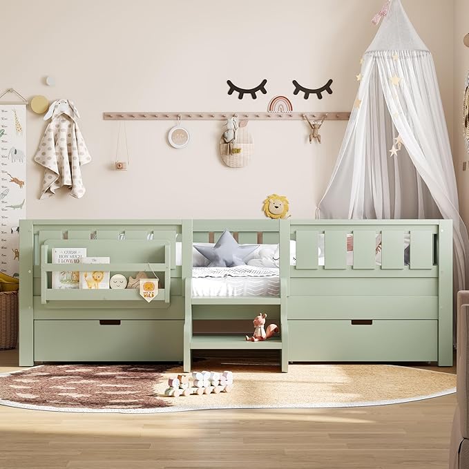 Bellemave Twin Bed with Slats and Stairs, Twin Size Platform Bed Frame with Fence, Bookshelf and Storage Drawers, Easy Assemble Beds for Kids, Girls, Boys, Green