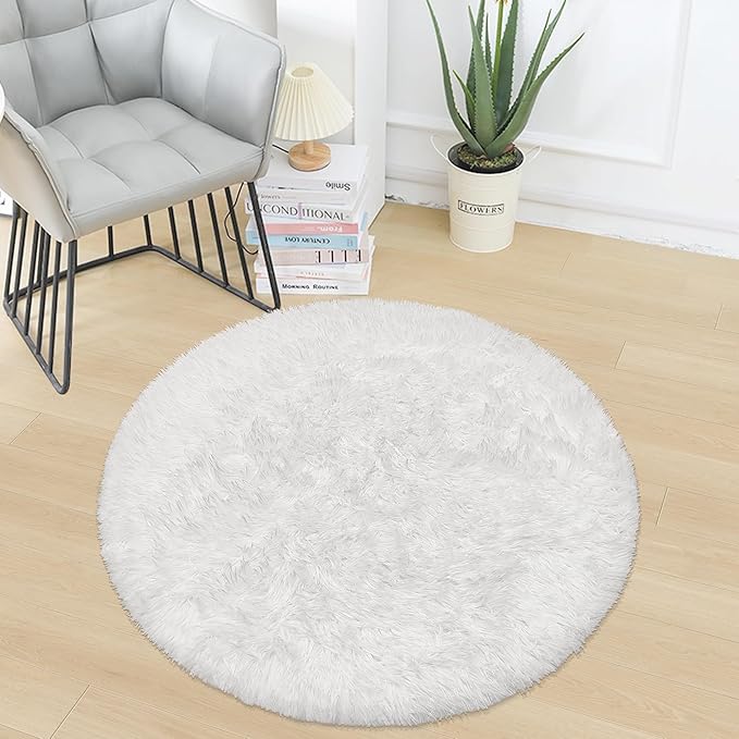 3 ft Small White Round Rug for Bedroom,Tie Dyed Soft Shaggy Circle Rug Fluffy Plush Round Carpet for Kids Girls Boys Room Baby Nursery Living Room Playroom Home Decor