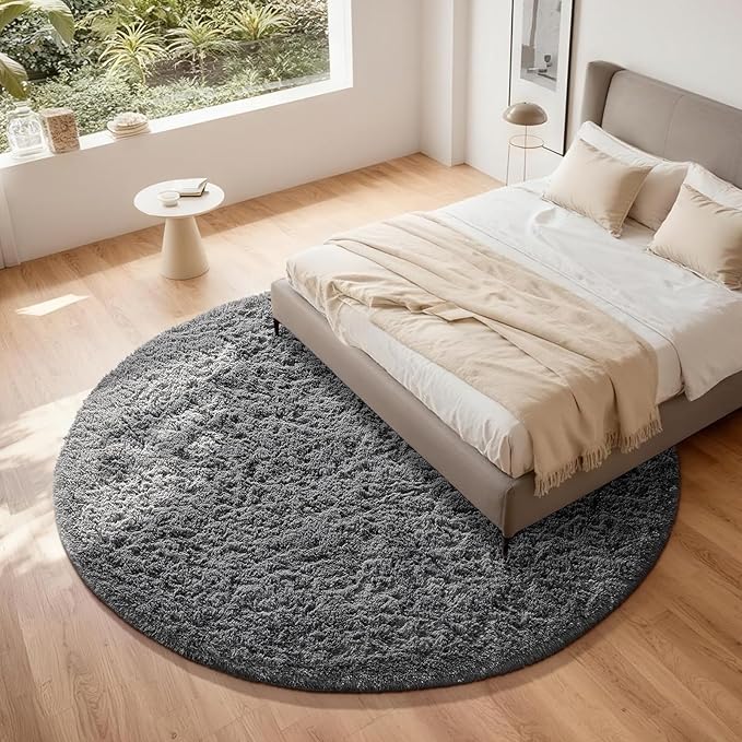 Ophanie Round Rugs 8Ft Grey Circle Area Rug, Fluffy Fuzzy Bedroom Carpet, Plush Soft Shaggy Indoor Floor Gray Living Room Rugs for Kids Home Decor Aesthetic, Nursery