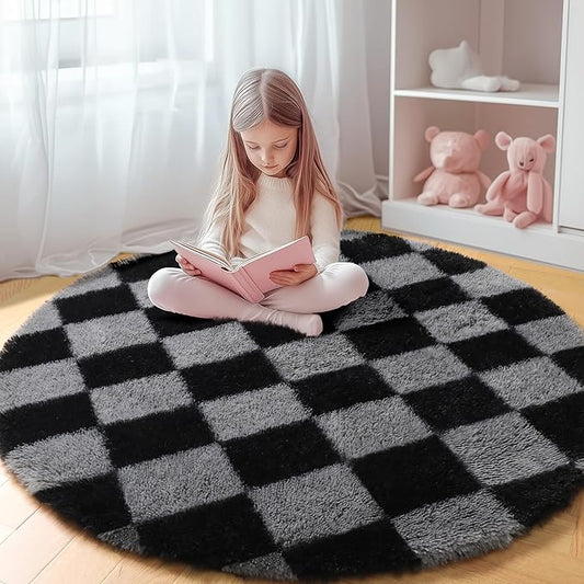 KICMOR Round Rugs 5ft Black and Grey Circle Area Rug, Fluffy Soft Fuzzy Shag Shaggy Bedroom Living Room Carpet, Indoor Checkered Circular Rug for Teen Kids Boys Girls Home Decor Aesthetic, Nursery