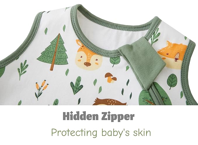 Baby Sleep Sack 1.0 Tog, 100% Cotton 2 Pack Wearable Blanket Sleeping Bag for Babies and Newborn, S(0-6M), Forest Animals+Green